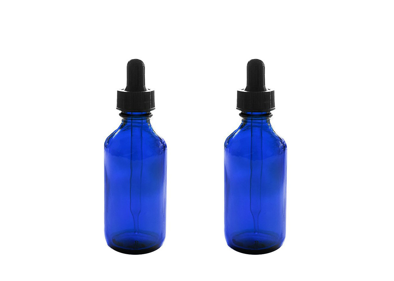 Blaue leere Flaschen des ätherischen Öls, die Parfüm-Chemie-Chemikalien speichern