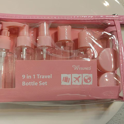 60ml 9-teiliges Set Kunststoff-Reiseset Flaschen-Reißverschlusstaschen-Set Kosmetikbehälter Lotion-Pumpe Sprüh-Klappdeckel-Flasche