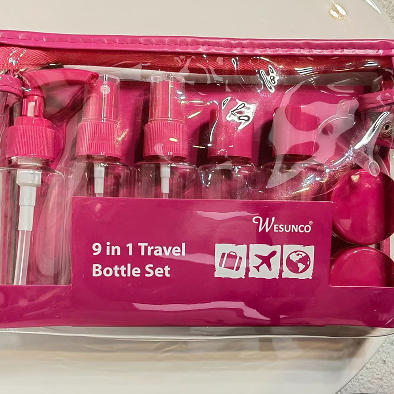 60ml 9-teiliges Set Kunststoff-Reiseset Flaschen-Reißverschlusstaschen-Set Kosmetikbehälter Lotion-Pumpe Sprüh-Klappdeckel-Flasche